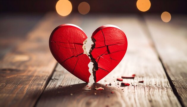 Broken red wooden heart on a dark wooden surface