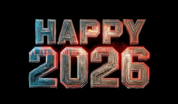 Cyberpunk style 3D metal text "Happy 2026" with red and blue neon light effects on black background, showcasing futuristic and vibrant digital art design