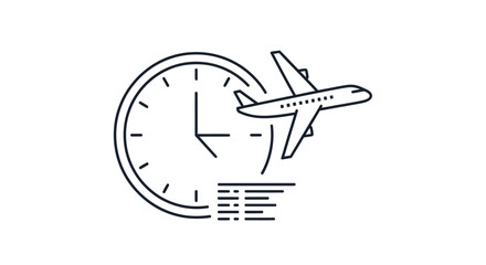 Airplane flying over a clock face, representing travel time.