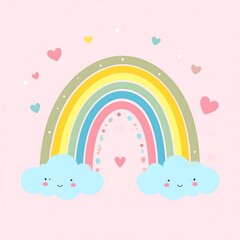 Cute rainbow with clouds and hearts