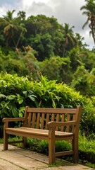 Obraz premium Wooden park bench in lush tropical garden