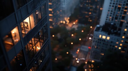 Twilight Reflections: An urban view of gleaming skyscrapers in the stillness of dusk