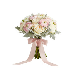 Elegant wedding bouquet with pink ribbon and soft hues