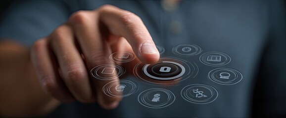 Close-up of a hand interacting with a holographic control panel.  A finger presses a central button surrounded by various circular icons