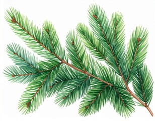 Detailed Watercolor Painting of Evergreen Branch with Pine Cones on White