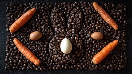 Coffee bean bunny with carrots and eggs.  A whimsical Easter arrangement featuring a coffee bean bunny silhouette, surrounded by carrots and eggs on a dark background