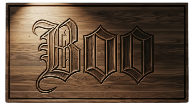 Carved wood sign says "Boo" well on transparent background