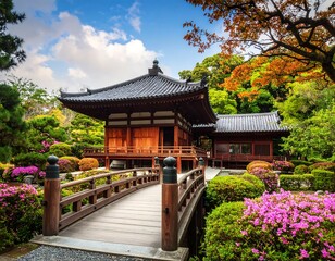 Naklejka premium Japanese temple garden with wooden bridge