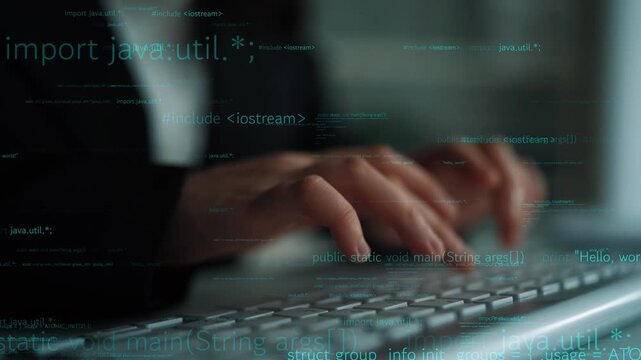 A close-up of hands typing on a keyboard, surrounded by glowing code snippets. This image captures the essence of software development and coding in action. Xenic