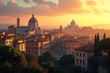 Obraz premium Serene cityscape view of Rome at dawn, bathed in golden light, perfect for meditation and tranquility Ancient architecture inspires inner peace , tranquil, quiet, relaxation