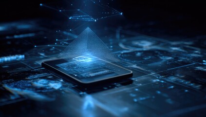 Abstract technology image of a phone with glowing data overlay