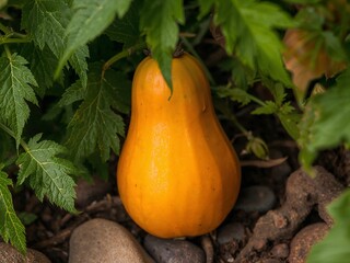 An Orange Orb Among Verdant Leaves, Resting on Earthy Ground a Natures Still Life.