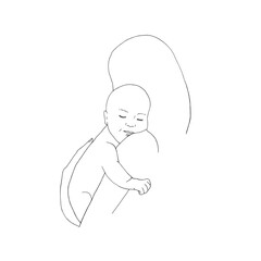 Baby with mom. Mother hugs smiling child. Graphic vector illustration, sketch line art style. Motherhood to Mother Day. For postcards, parenthood articles, children care product, website design