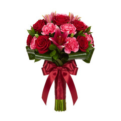 Vibrant red and pink rose and carnation bouquet with red ribbon