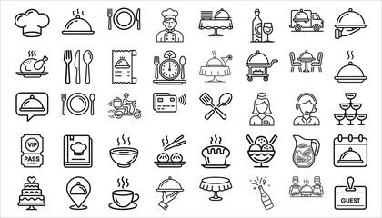 Restaurant and Catering Line Icons Set  Food Delivery, Chef, Menu, Table Service, Kitchen Tools