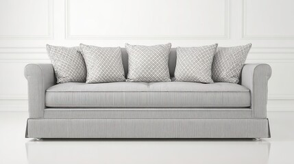 Minimalist living room featuring a gray fabric sofa and decorative pillows against a white background with ample negative space.