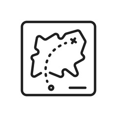 A black and white treasure map within a rounded square showing a dotted path to a marked X. Editable stroke. Vector icon illustration