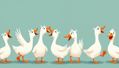 Funny cartoon geese with expressive faces, lively poses, set against simple blue background. White waterfowl with orange beaks, feet engage in comical antics, perfect for children books, digital