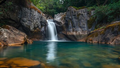 Naklejka premium Aqueous Cascade. Emerald Pool and Stone Facades Under Canopy of Green, A Serene Vista.