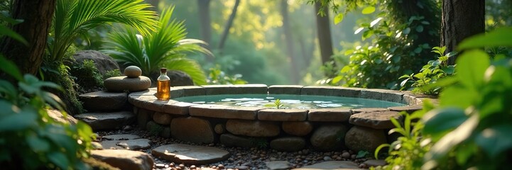 Obraz premium Serene outdoor bath nestled amongst lush greenery, surrounded by natural elements, sunlight dappling through leaves Perfect for relaxation and wellness , spa, outdoor