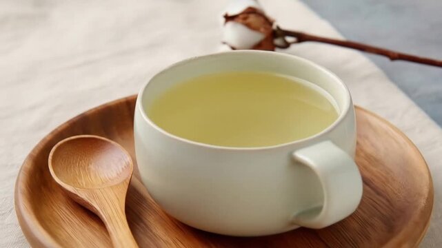 A delicate, light-colored teacup, filled with a pale, translucent beverage, sits on a wooden coaster.