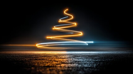 Obraz premium Minimalist Christmas tree outlined with glowing neon blue and golden yellow light, centered with sharp symmetry, high contrast illumination on dark elegant background, modern clean holiday concept