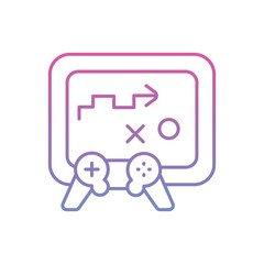 A gamepad sits below a screen with a game plan drawn on it. Editable stroke. Vector icon illustration