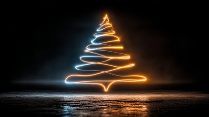 Obraz premium Minimalist Christmas tree outlined with glowing neon blue and golden yellow light, centered with sharp symmetry, high contrast illumination on dark elegant background, modern clean holiday concept
