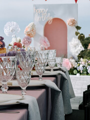 Beautifully decorated table setting for a birthday celebration at an outdoor venue