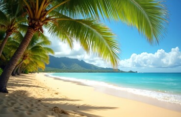 Fototapeta premium Rich palm fronds frame pristine Hawaiian beach scene with golden sand meeting calm turquoise ocean waves under clear blue sky with fluffy clouds. Tropical paradise evokes relaxation, vacation, serene
