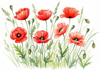 Naklejka premium Watercolor Painting of Red Poppies with Green Leaves on a White Background