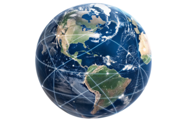 Global network connectivity visualized with interconnected lines on globe in digital style imagery