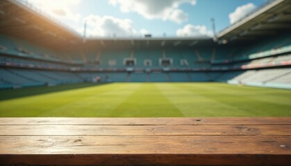 Empty stadium with green grass field, tiered seats under bright daylight. Wooden table in foreground offers blank surface for product display promotion. Scene conveys anticipation for sporting events