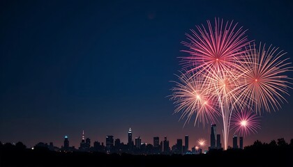 Bright fireworks exploding in night sky, city skyline silhouette below, clear space for text.