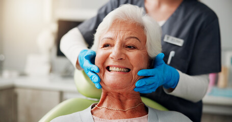 Results, smile and senior woman at dentist for teeth whitening, dentures or oral hygiene. Healthcare, chair and happy elderly patient in clinic for root canal treatment, dental implants or filling