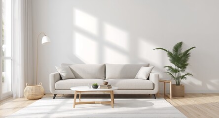Beige Sofa and Simple Table with Natural Elements Under Soft Daylight, Indoor Arrangement.