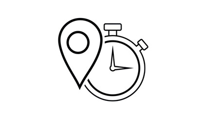 Black and white line art icon of location pin and stopwatch.