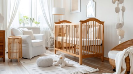 Bright baby room with wooden crib and armchair