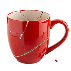 Red ceramic mug with shattered pieces symbolizing fragility and repair needs for home decoration
