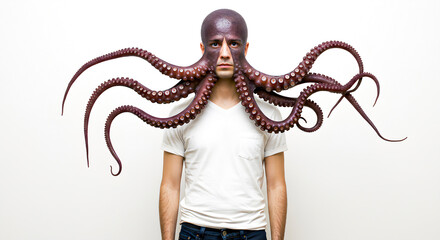 A man with a surreal octopus headdress, tentacles elegantly draped around his head and shoulders, creating a captivating and imaginative conceptual portrait against a stark white background