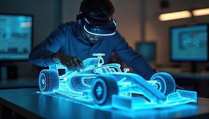 Engineer uses VR headset interacting with holographic racing car design on table. Modern technology enables virtual prototyping, simulation, development for futuristic automobiles in advanced