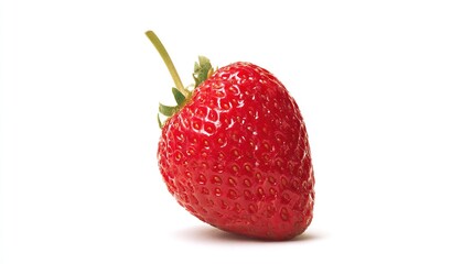 A ripe strawberry sits isolated on a pure white background, showcasing its vibrant color and freshness.