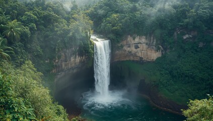 Fototapeta premium Cascading Veil, Emerald Embrace. A Symphony of Natures Grandeur in Verdant Hues.
