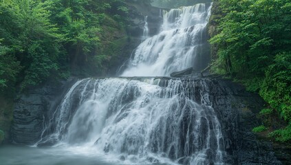 Obraz premium Cascading Waters. A Study in Motion and Texture, Greenery and Flowing Elements.