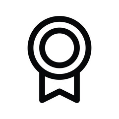 Black outline image of a medal with a doubleringed circular top and a simplified ribbon shape at the bottom. Editable stroke. Vector icon illustration
