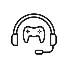 Black outline image of headphones and a game controller. Editable stroke. Vector icon illustration