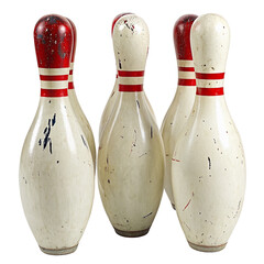 Five vintage bowling pins with red stripes worn and scratched isolated on white background display