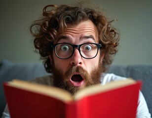 Man face shows surprise reading book. Wide eyes, open mouth, glasses, beard express excitement and amazement at plot twist. Cozy reading nook fosters imagination, learning, and joy.