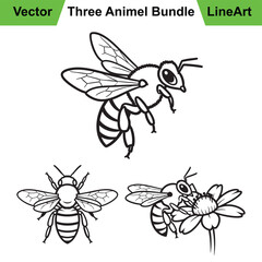 Assortment of Bee Poses as a Clean Line Art Set