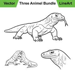 Three Dynamic Komodo Dragon Poses in a Vector Line Art Style